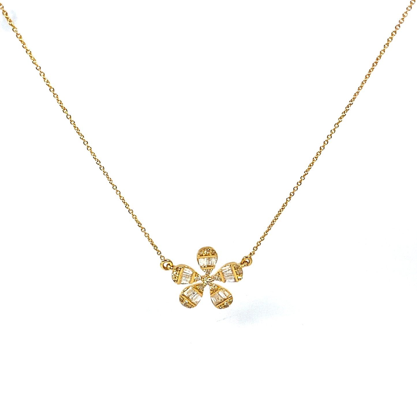 14K Daisy Flower Diamond Baguette Necklace
