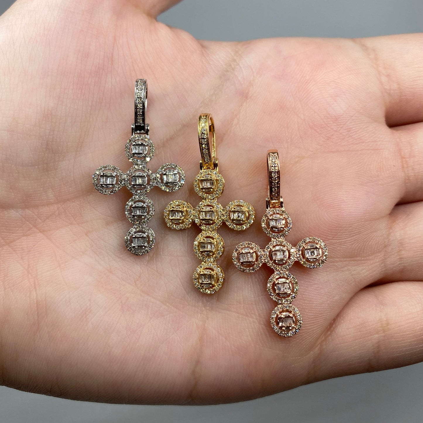 14K Cross Circle Diamond Baguette Pendant