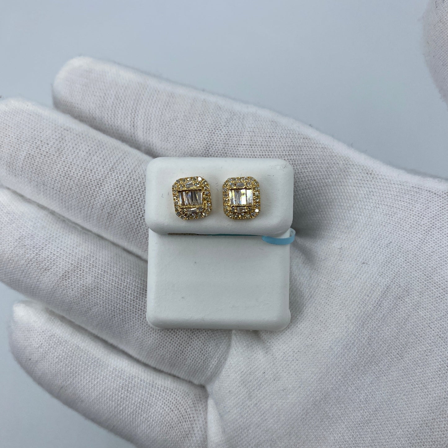14K Large Rectangle Halo Diamond Baguette Earrings
