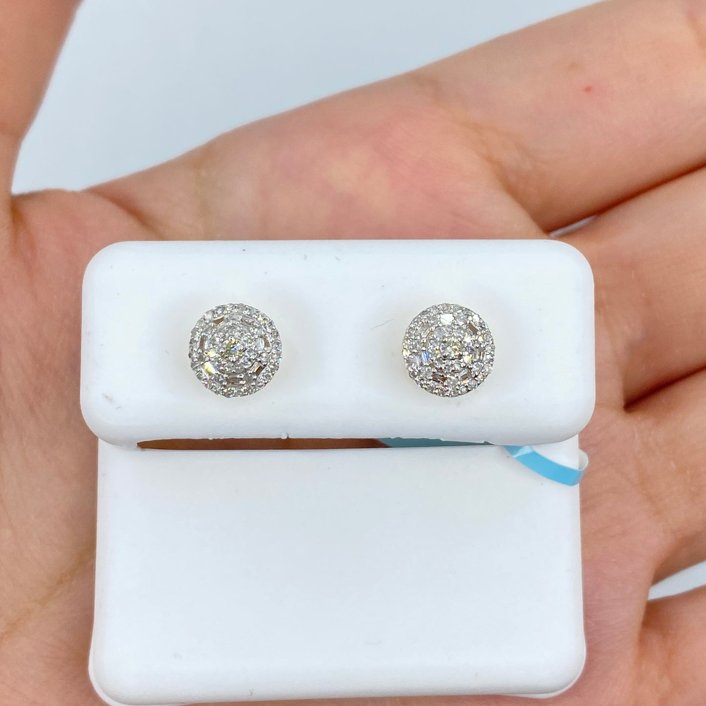 14K Gold 3D Circle Halo Diamond Baguette Earrings