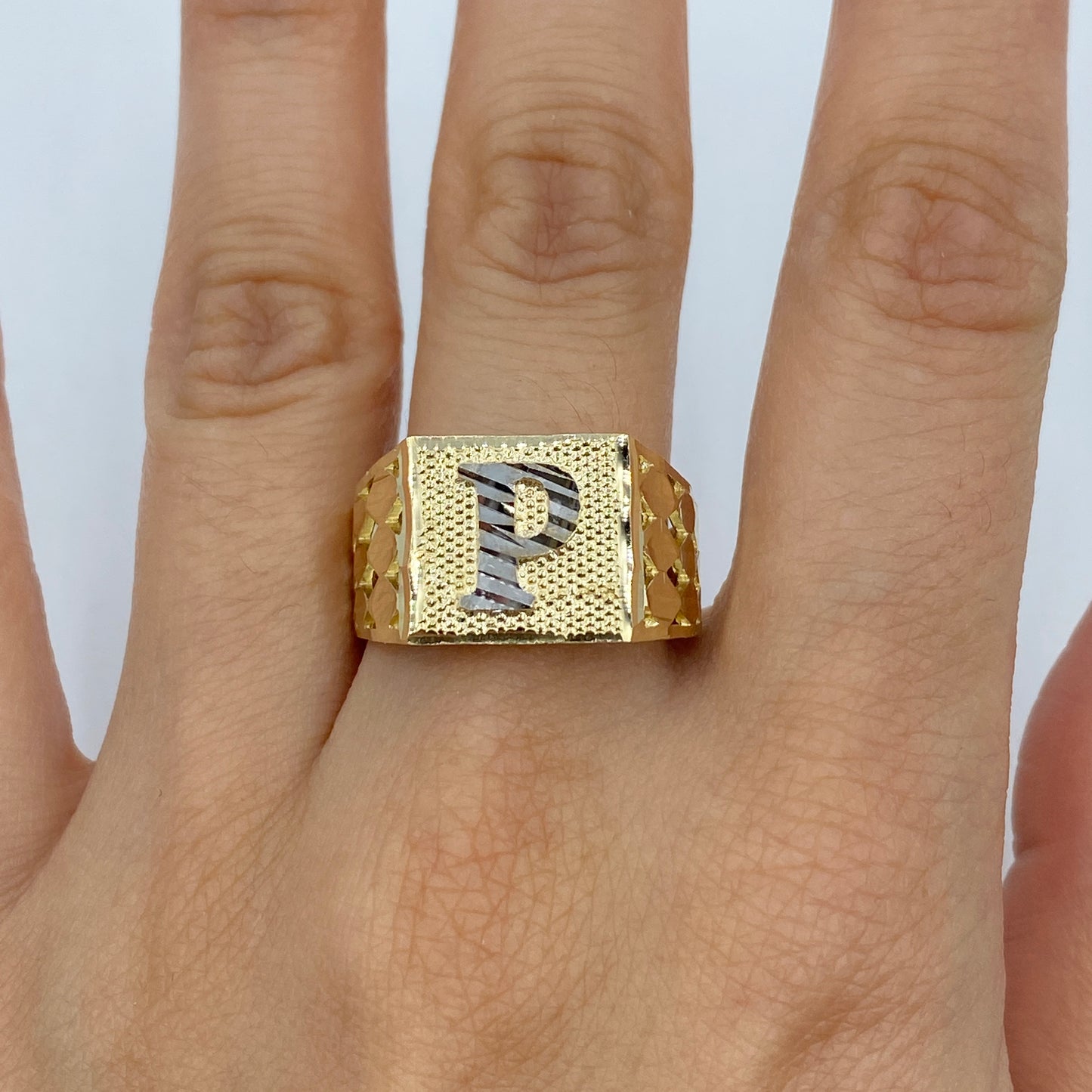 10K Initial Letter Square Block Ring