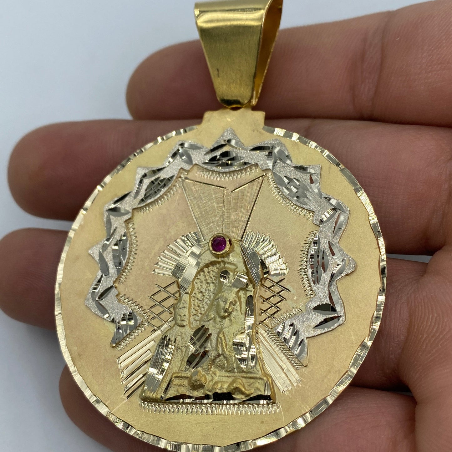 14K Saint Caridad del Cobre Round Medallion Pendant 2.75"