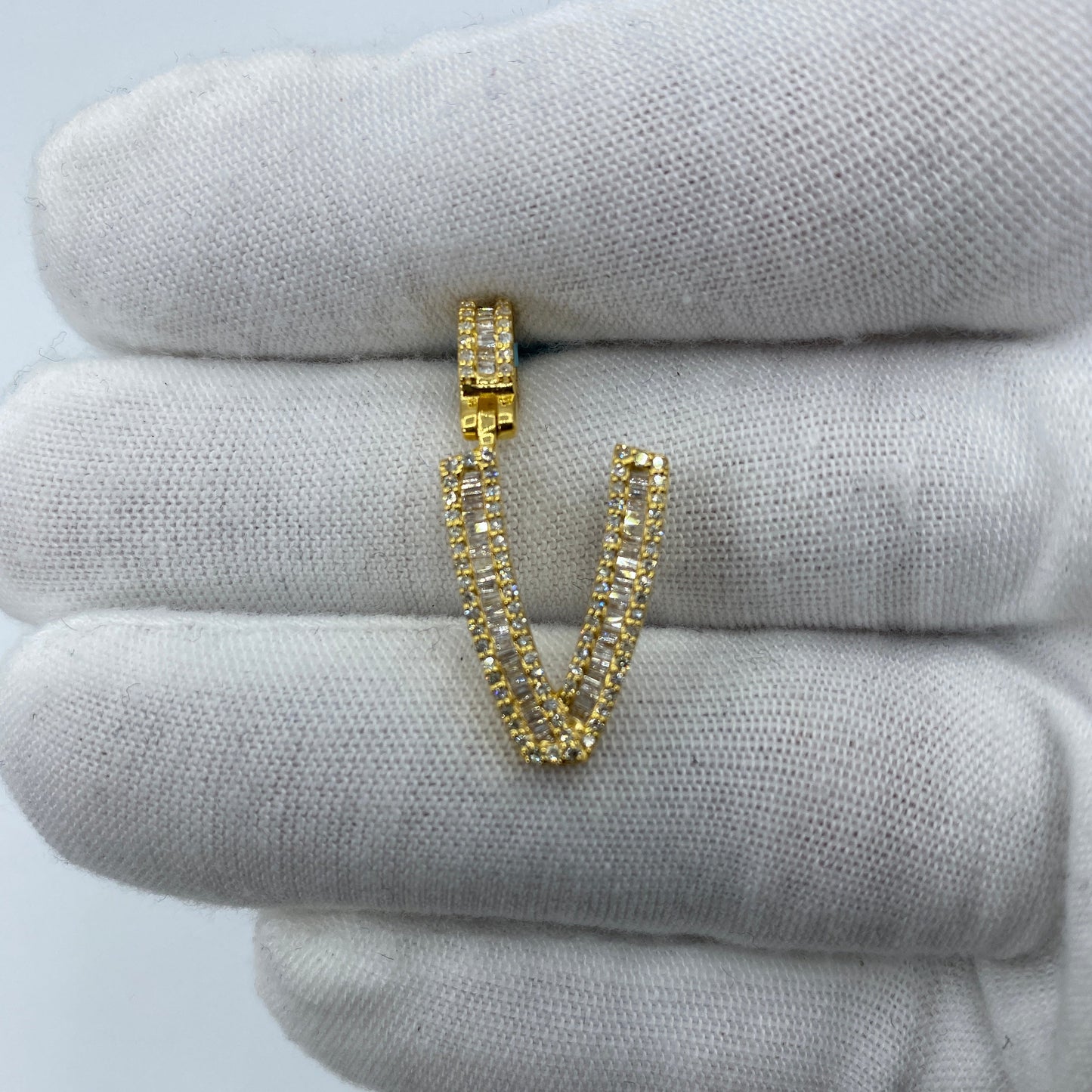 14K Initial V Diamond Baguette Pendant