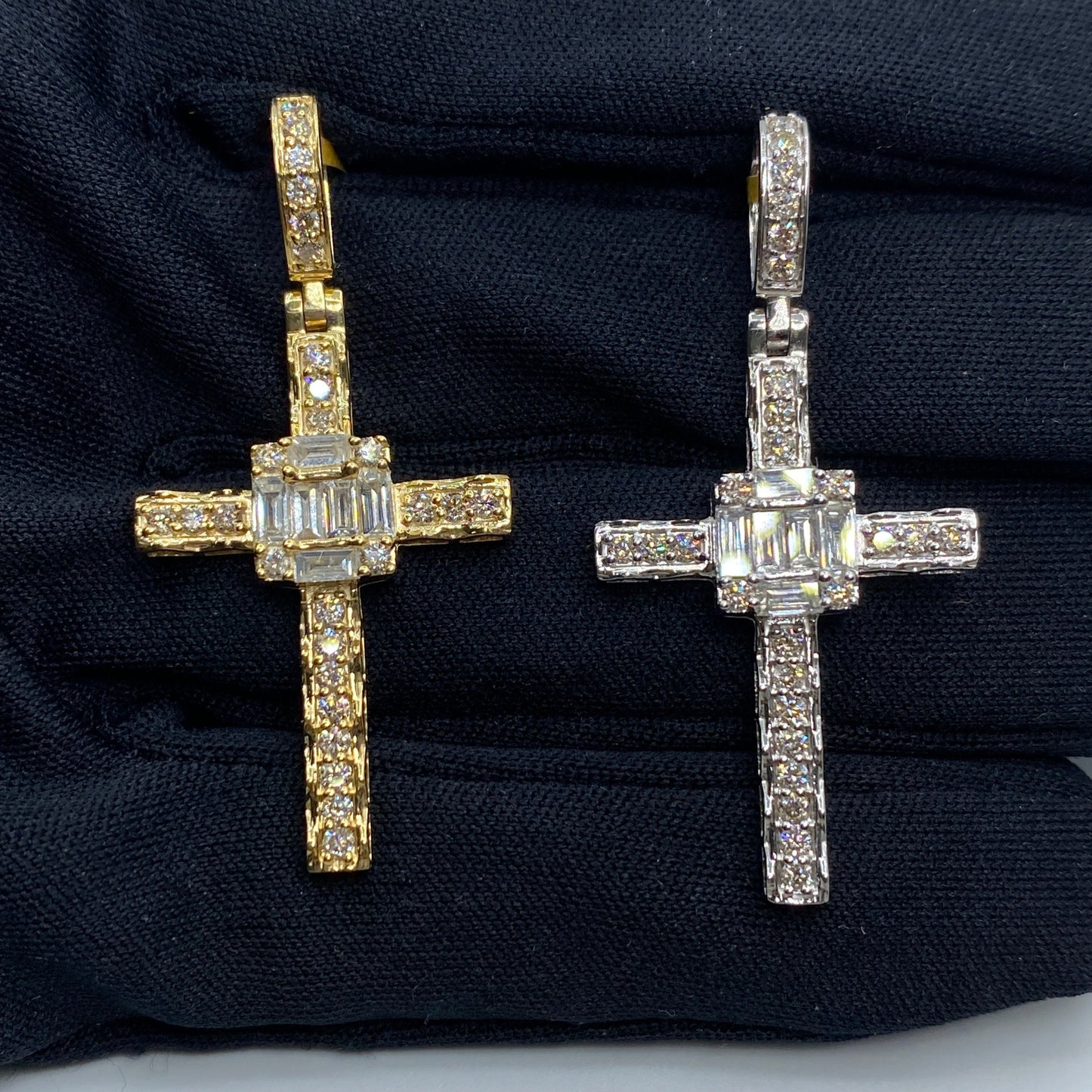 10K Budded Cross Square Diamond Baguette Pendant