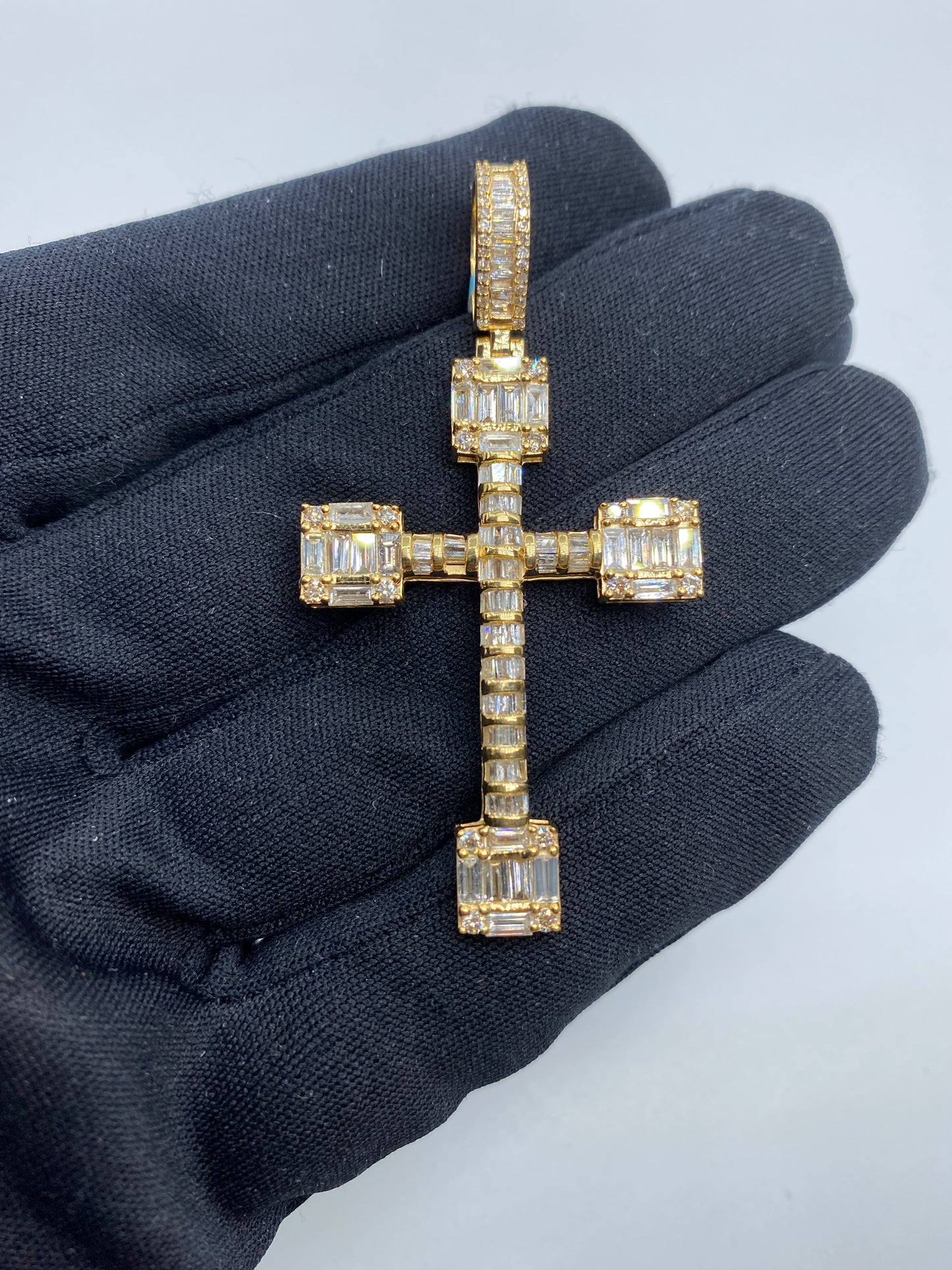 14K Square Diamond Baguette Cross Pendant