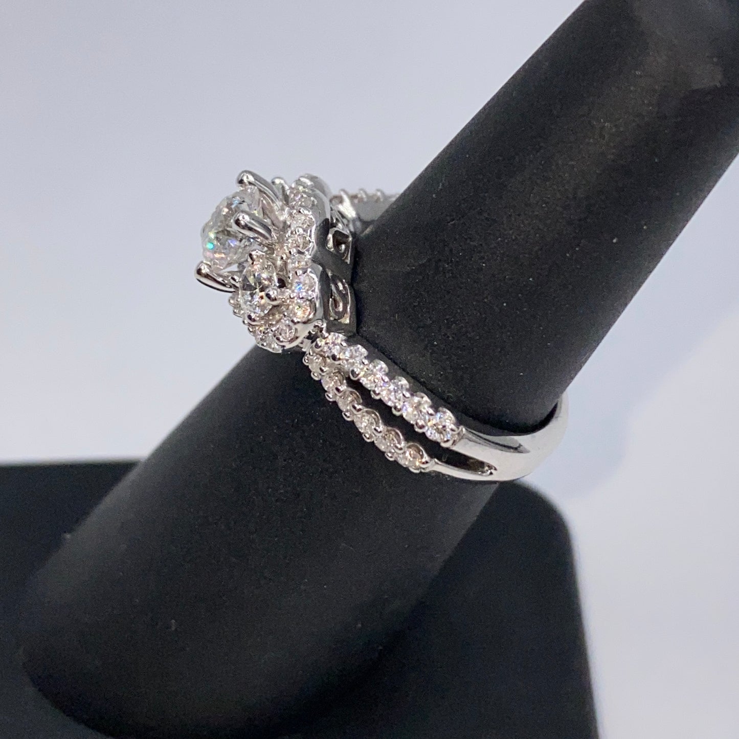 14K Three Stone Halo Diamond Engagement Ring