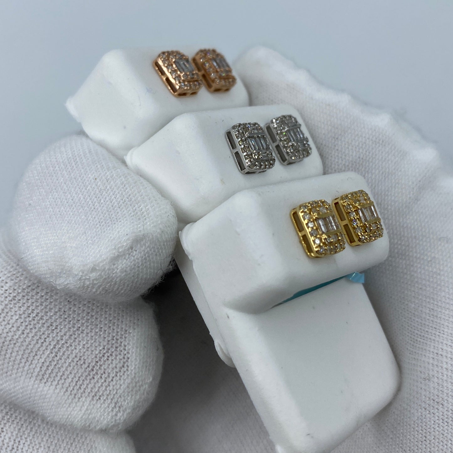 14K Rectangle Halo Diamond Baguette Earrings