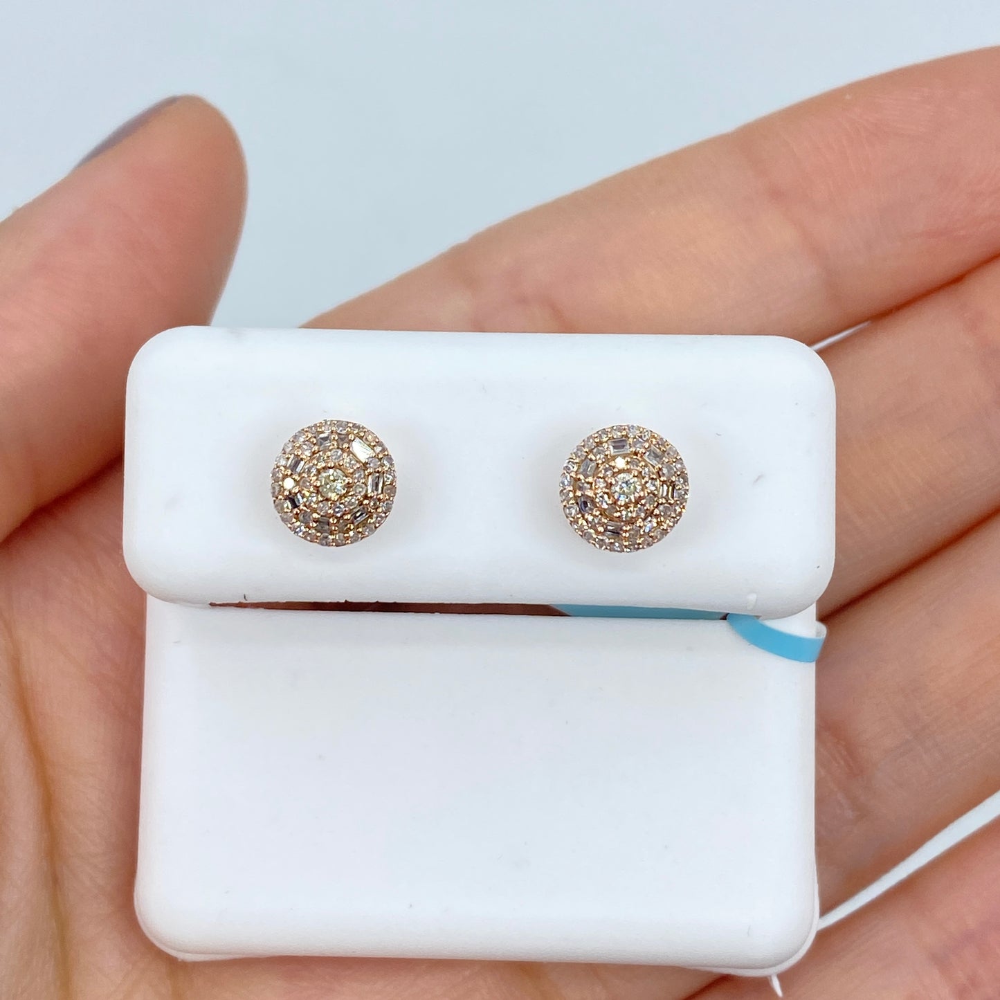 14K Gold 3D Circle Halo Diamond Baguette Earrings