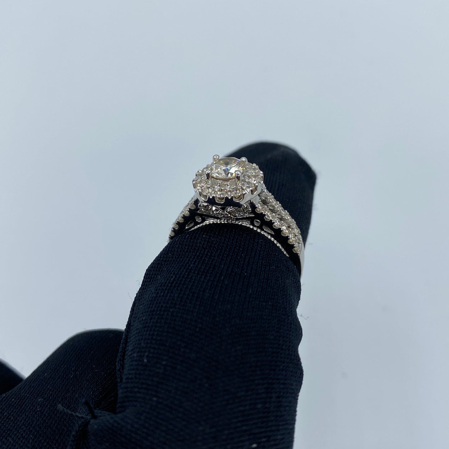 14K Halo Circle with Large Center Stone Diamond Ring