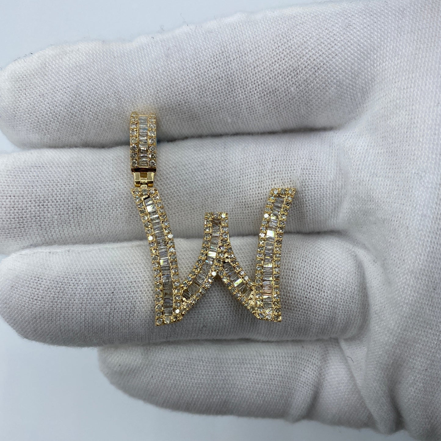 14K Initial W Diamond Baguette Pendant