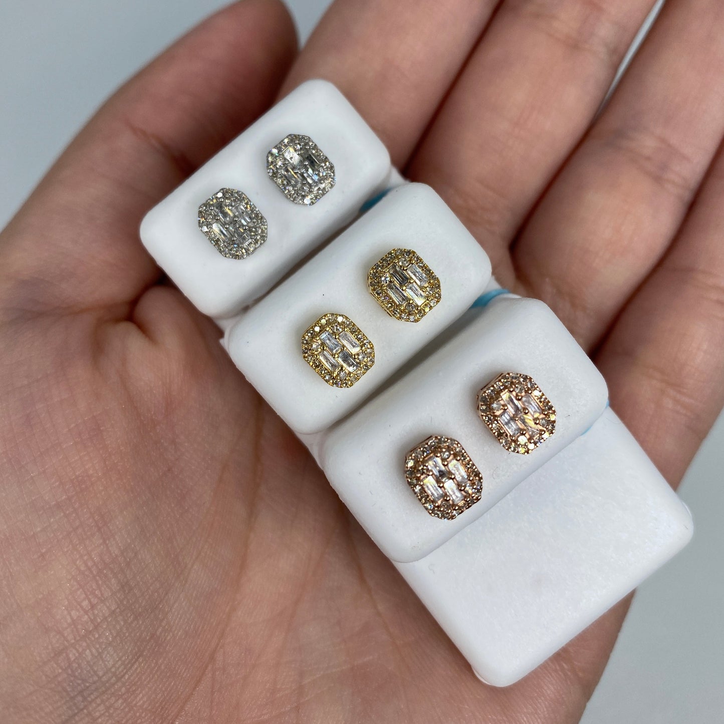 14K Small Rectangle Rounded Halo Diamond Baguette Earrings