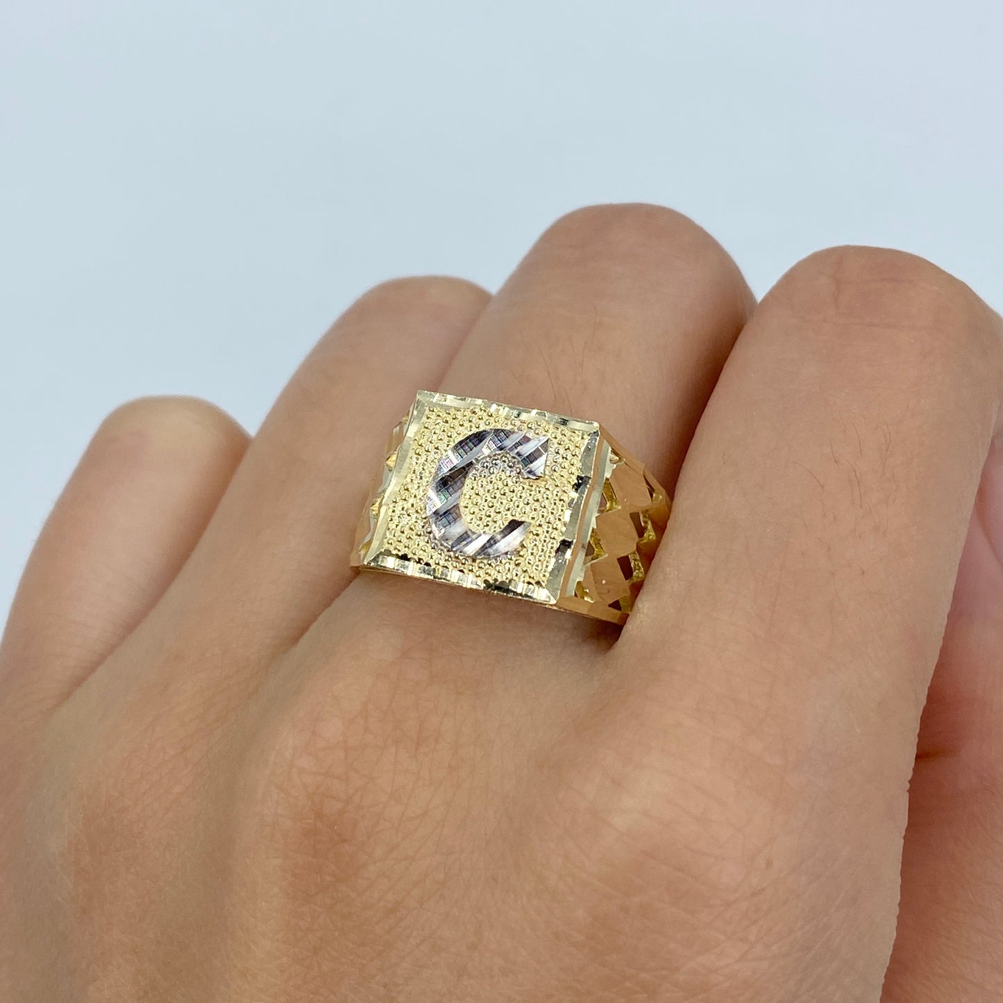 10K Initial Letter Square Block Ring