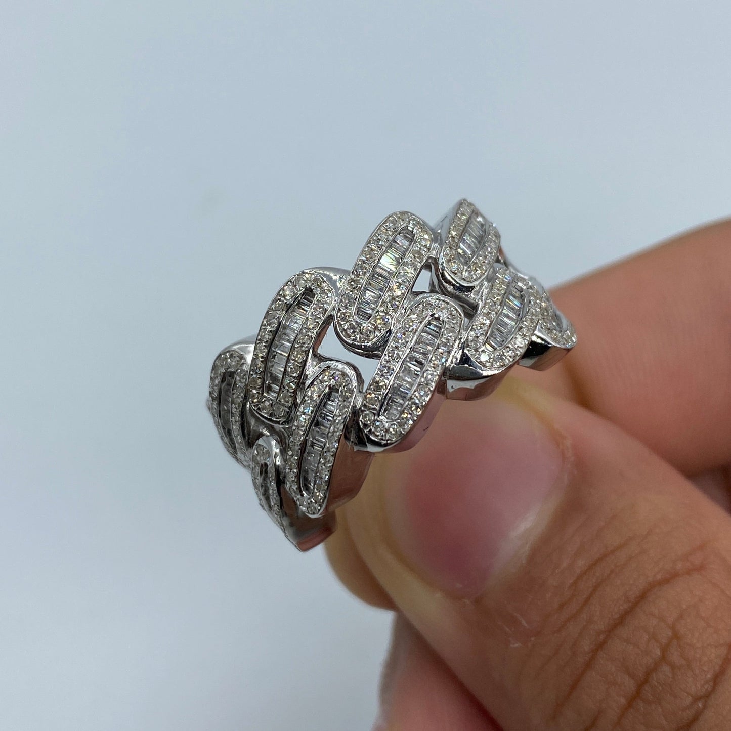 14K Round Diamond Baguette Cuban Link Ring 1.6ct