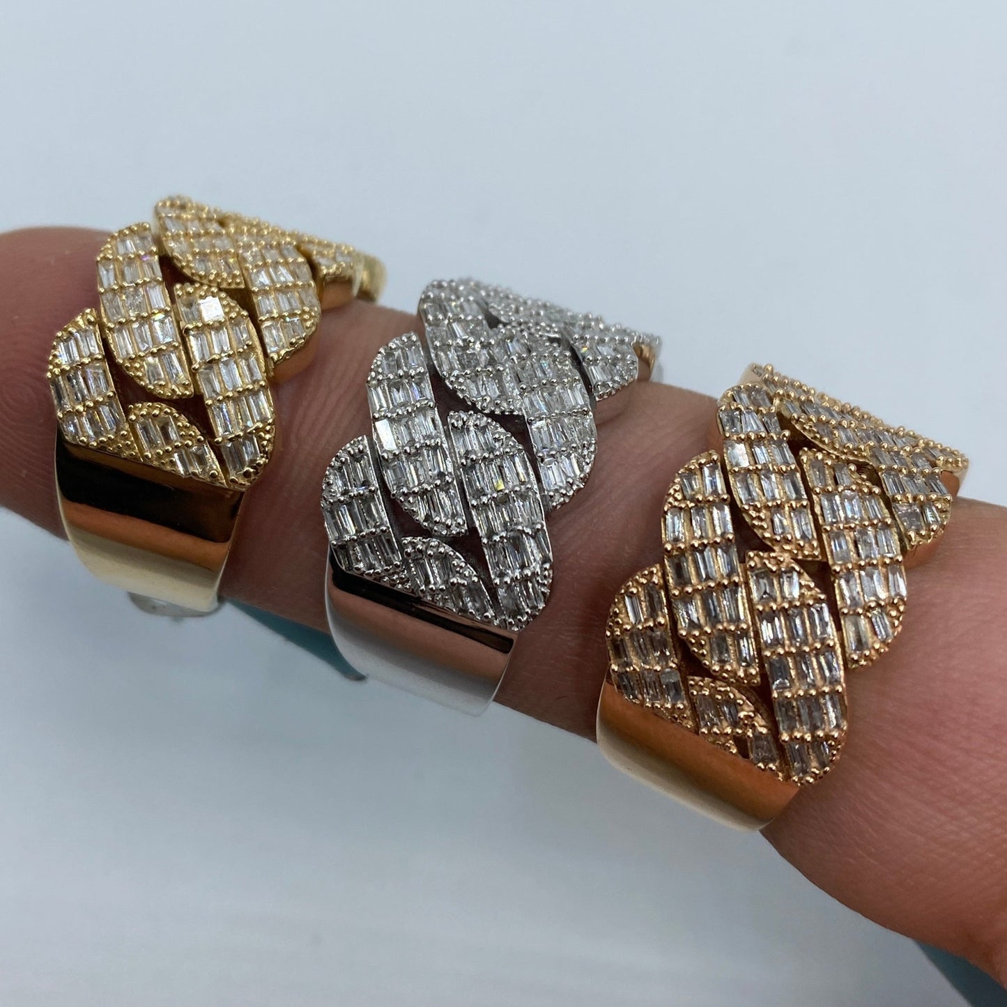 14K Gold 13MM Snake Cuban Link Diamond Baguette Ring