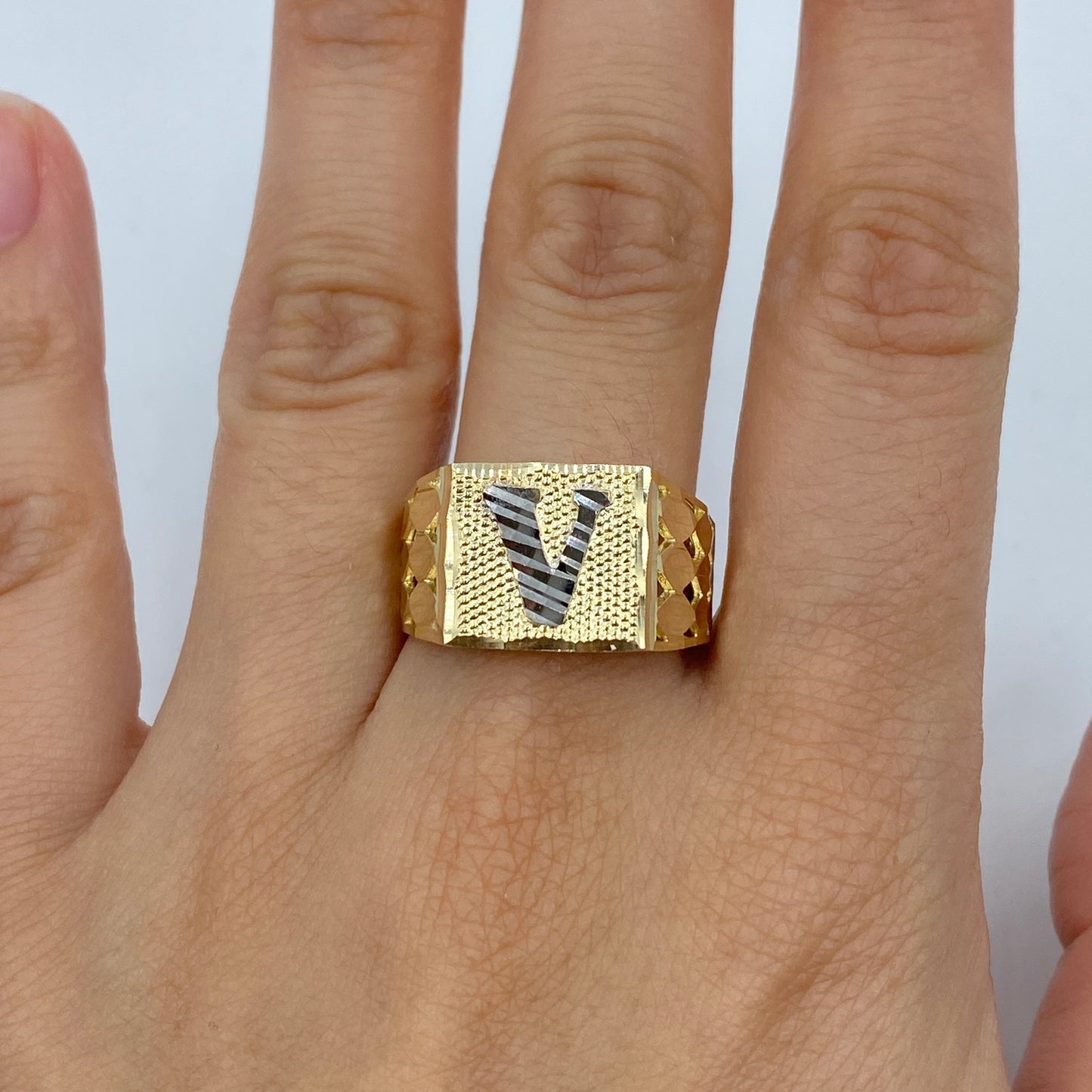10K Initial Letter Square Block Ring