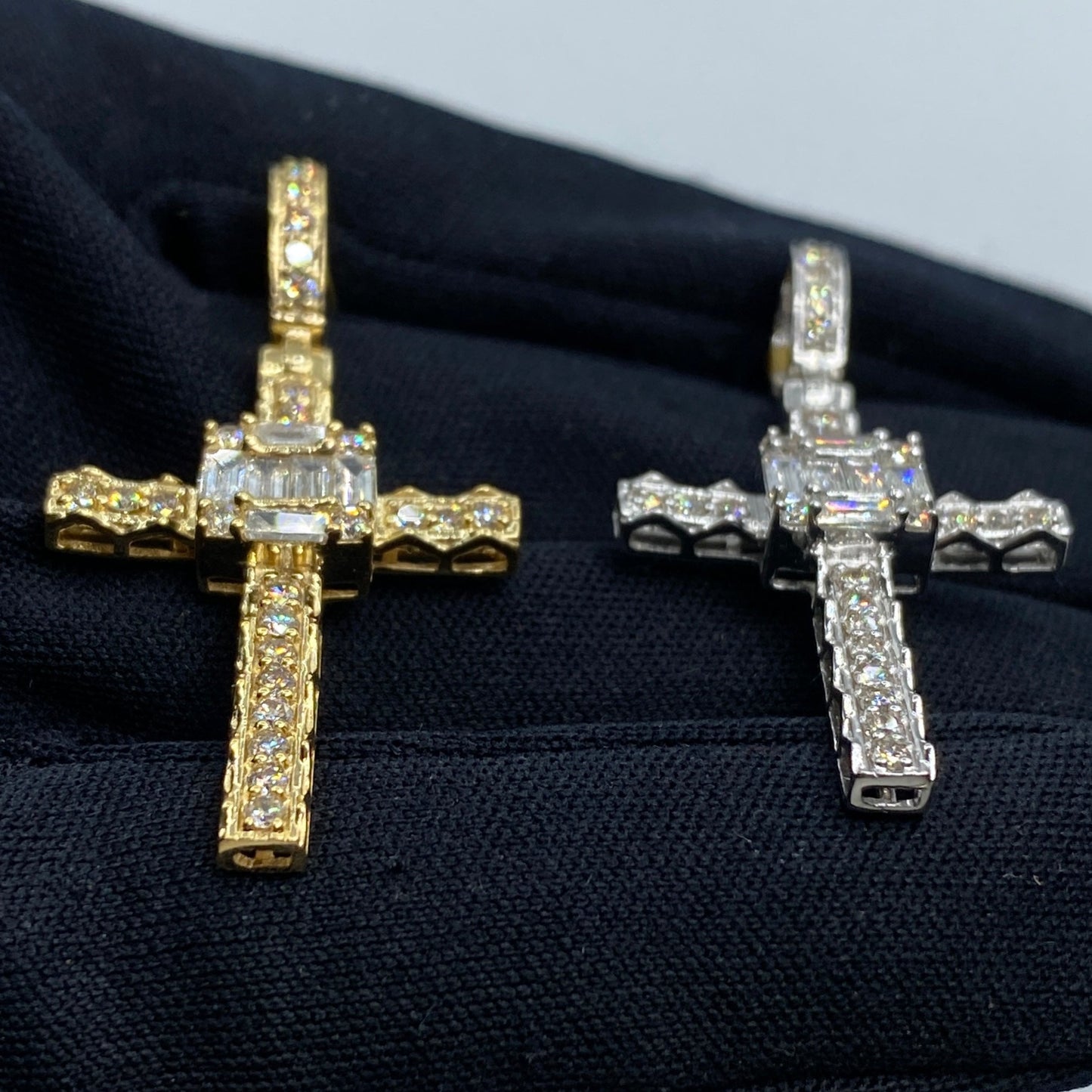 10K Budded Cross Square Diamond Baguette Pendant