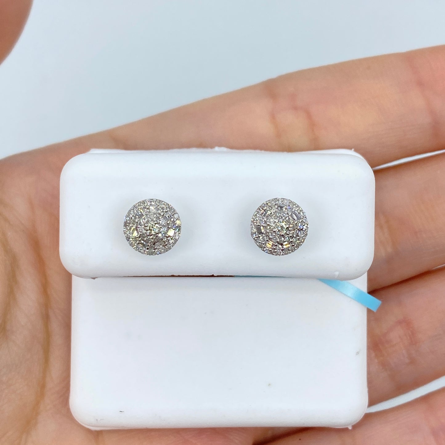 14K Gold 3D Circle Halo Diamond Baguette Earrings