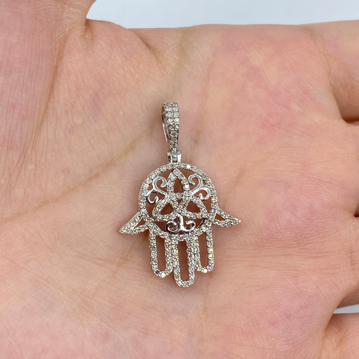 14K Floral Hamsa Diamond Pendant