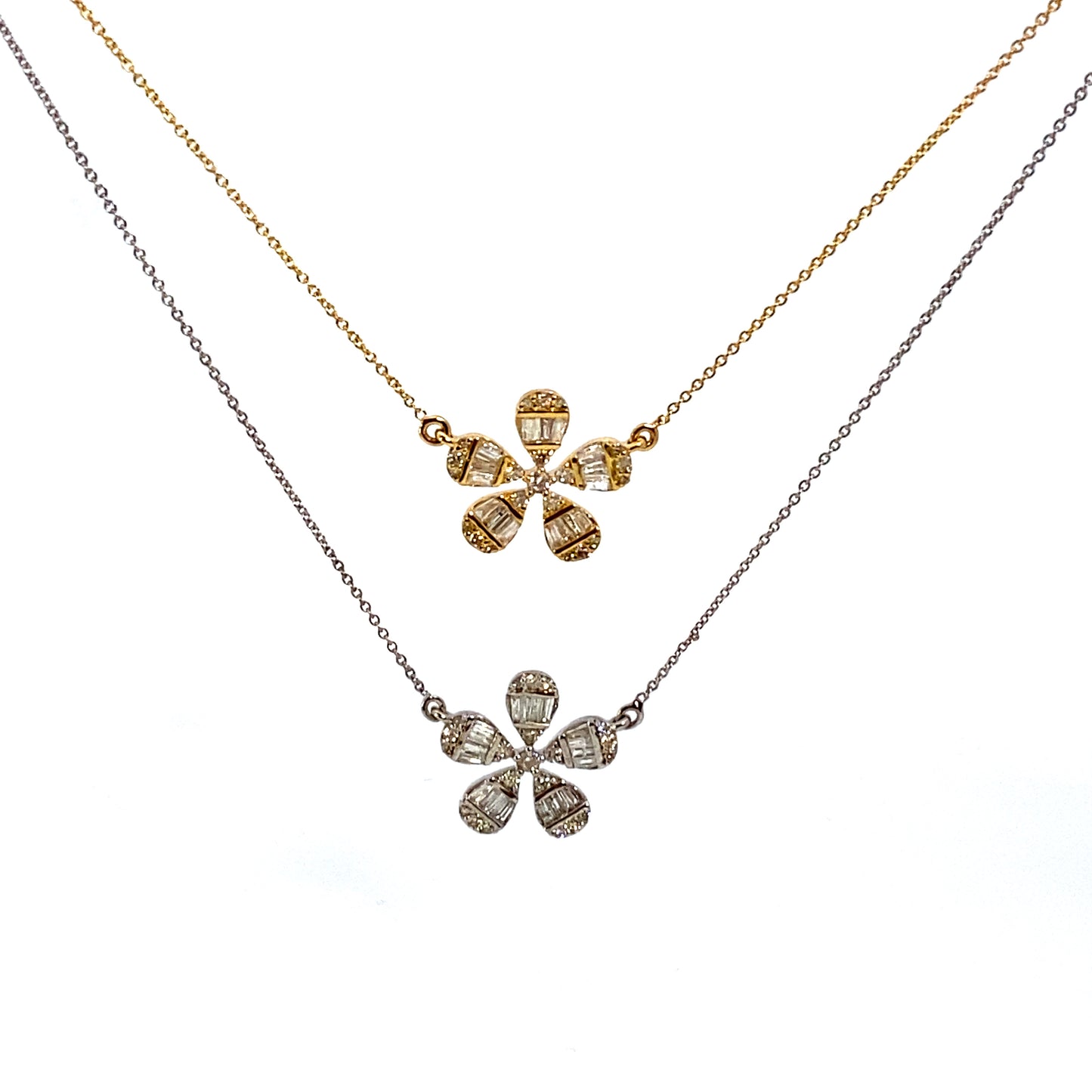 14K Daisy Flower Diamond Baguette Necklace
