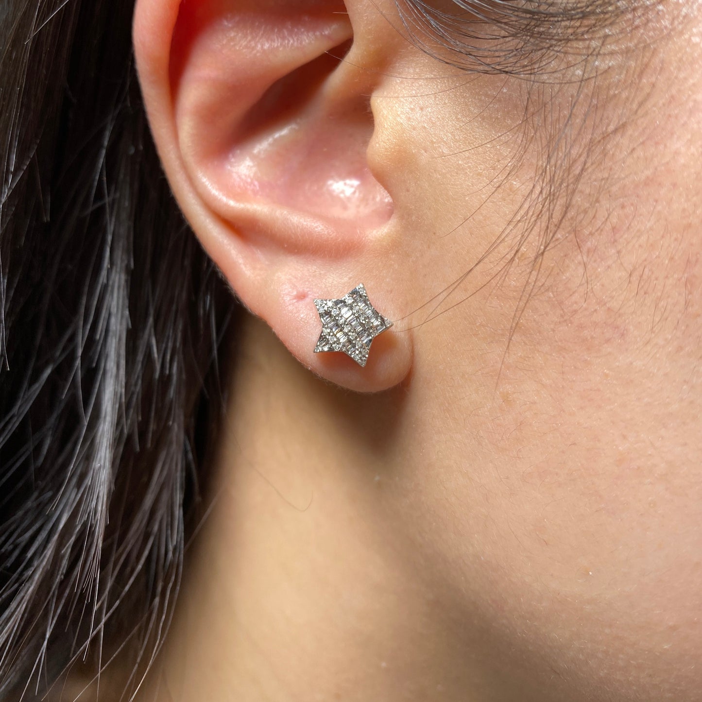 14K Star Stacked Diamond Baguette Earrings