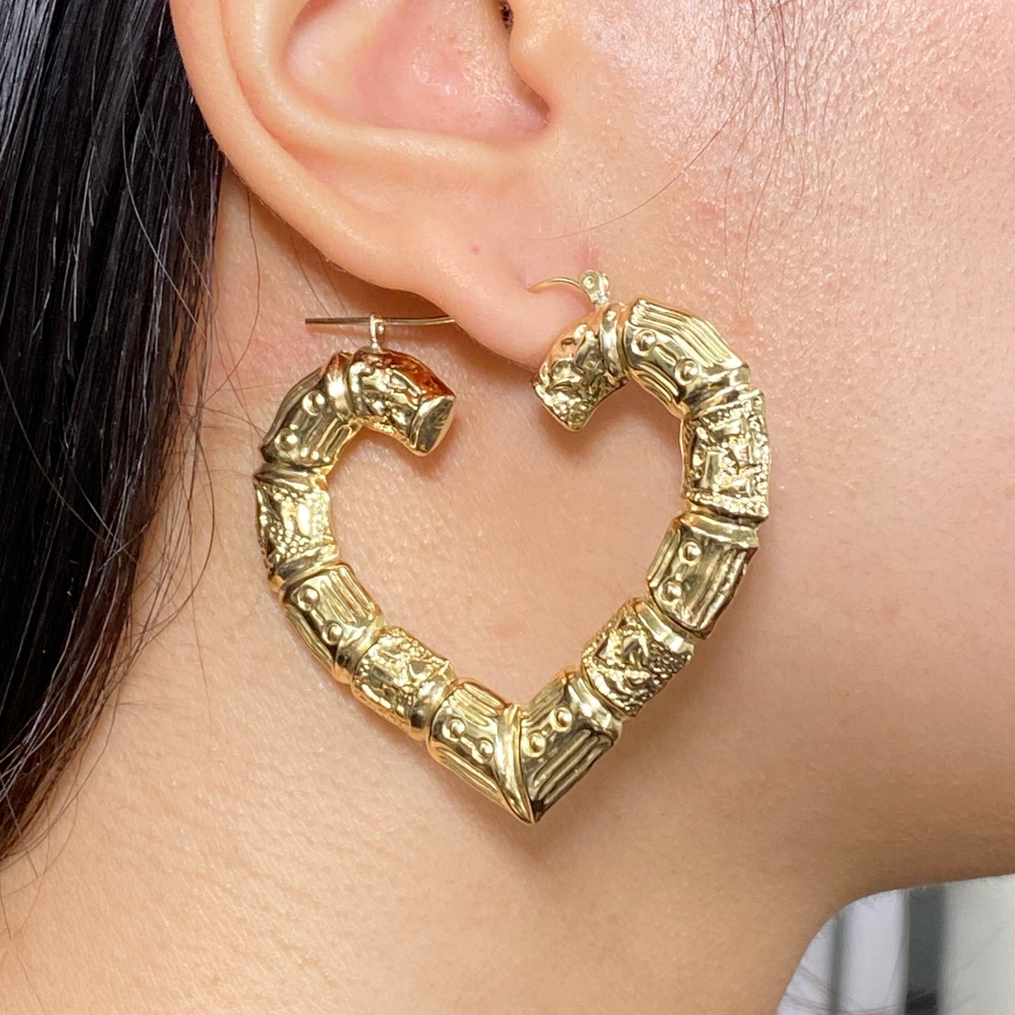 10K Bamboo Heart Hoop Earrings