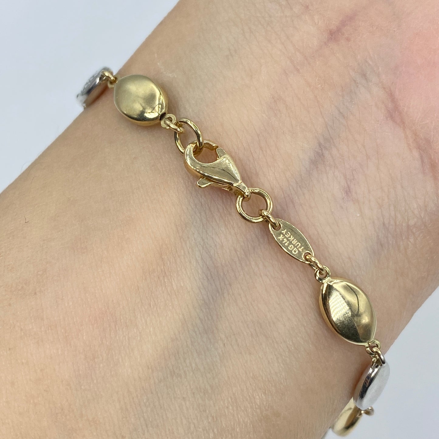 14K 5.8MM Two-Tone Flat Oval Ball Link Bracelet 7.5"