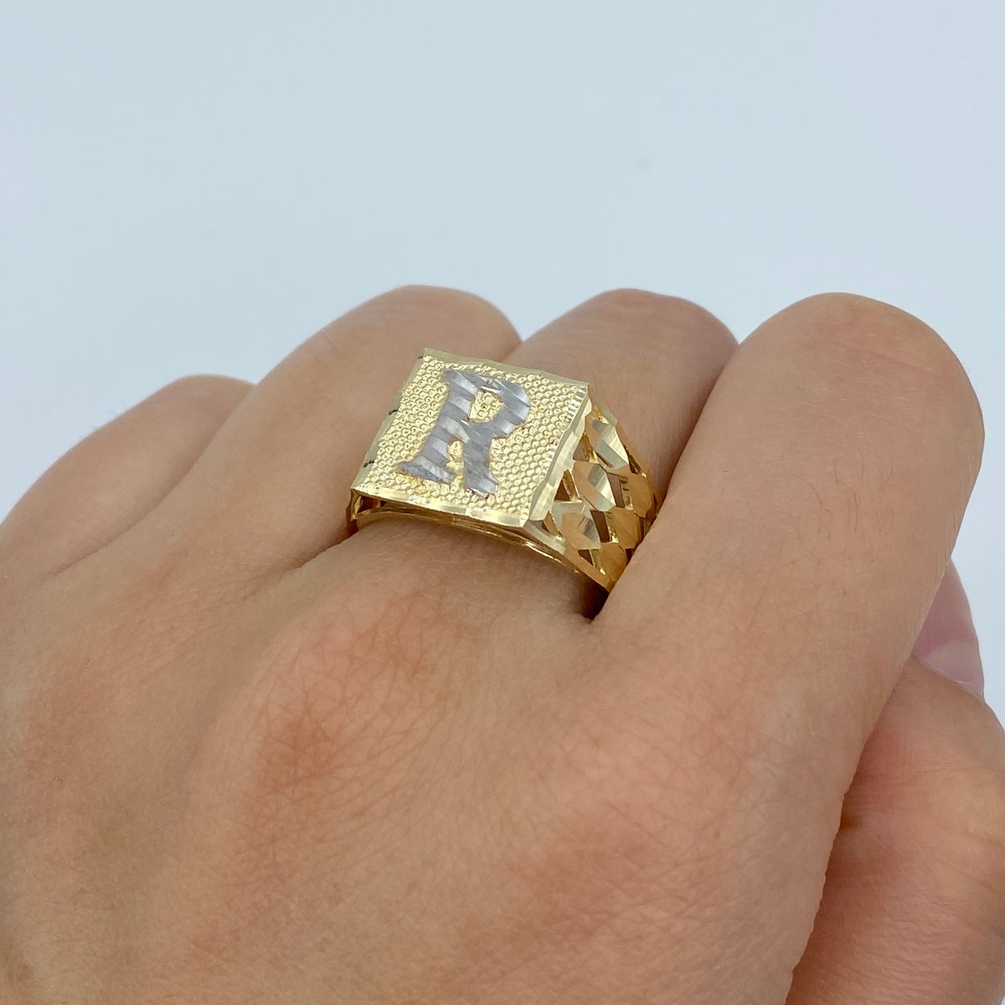 10K Initial Letter Square Block Ring