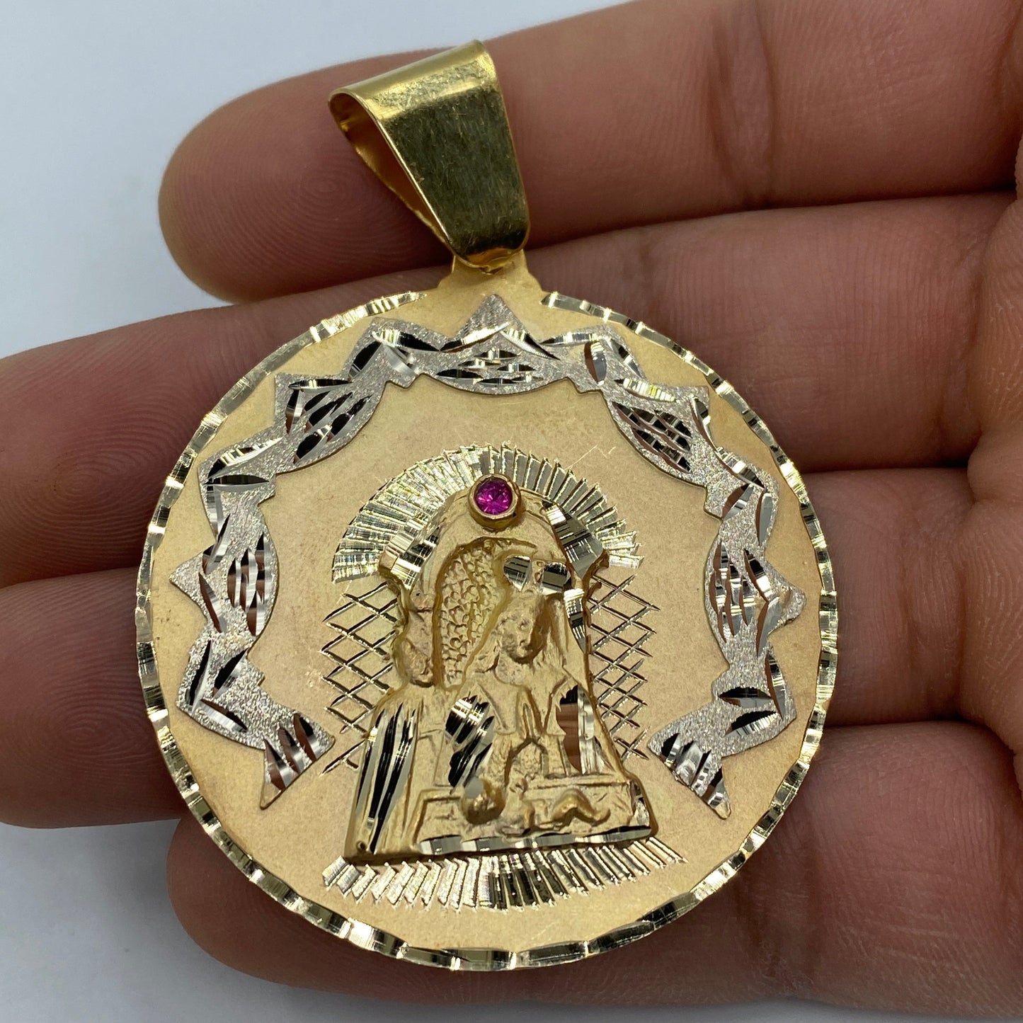 14K Saint Caridad del Cobre Round Medallion Pendant 2.5"
