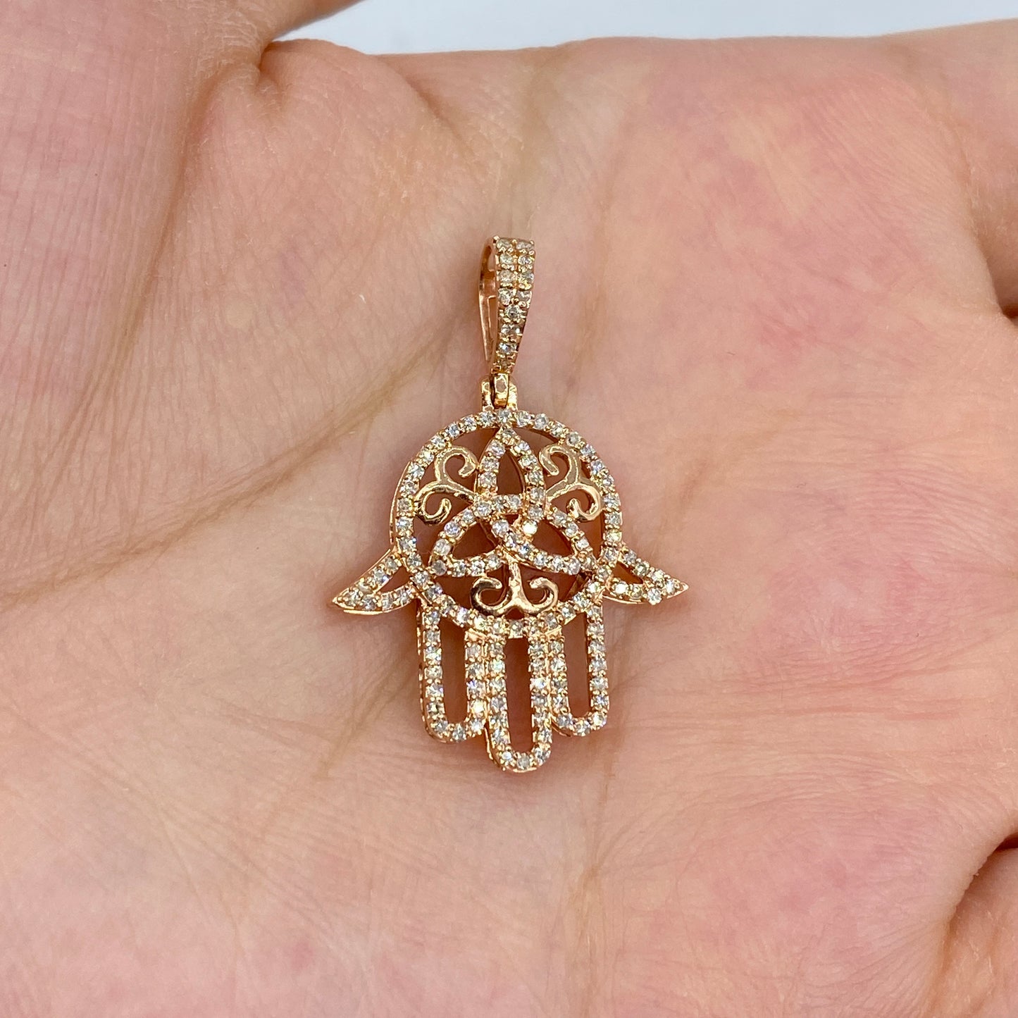 14K Floral Hamsa Diamond Pendant