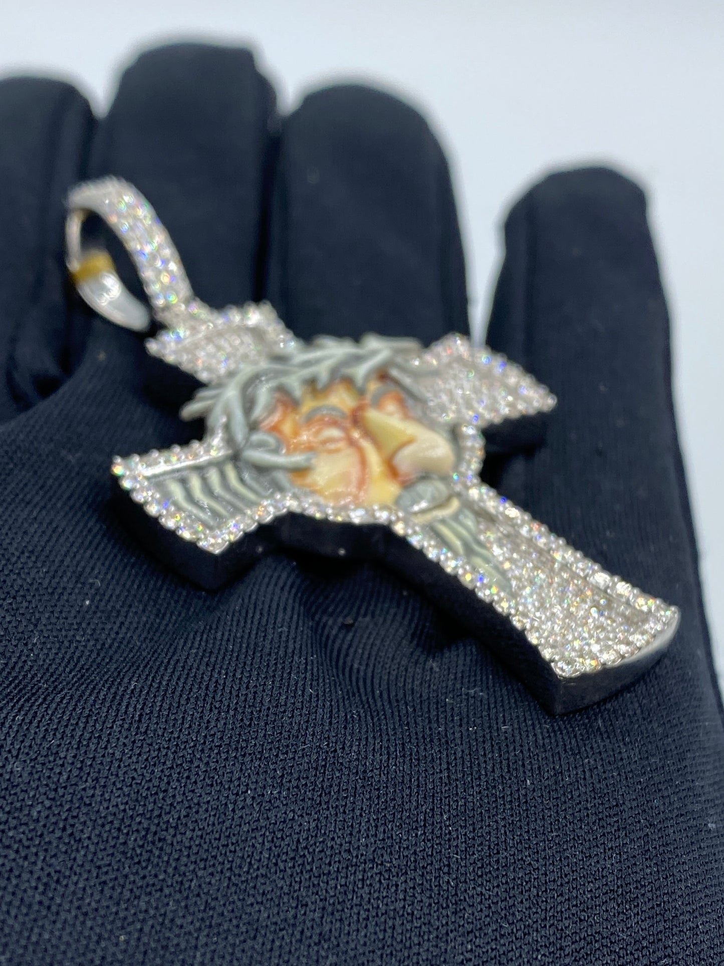 10K Jesus Cross Enamel Diamond Pendant 3.7ct