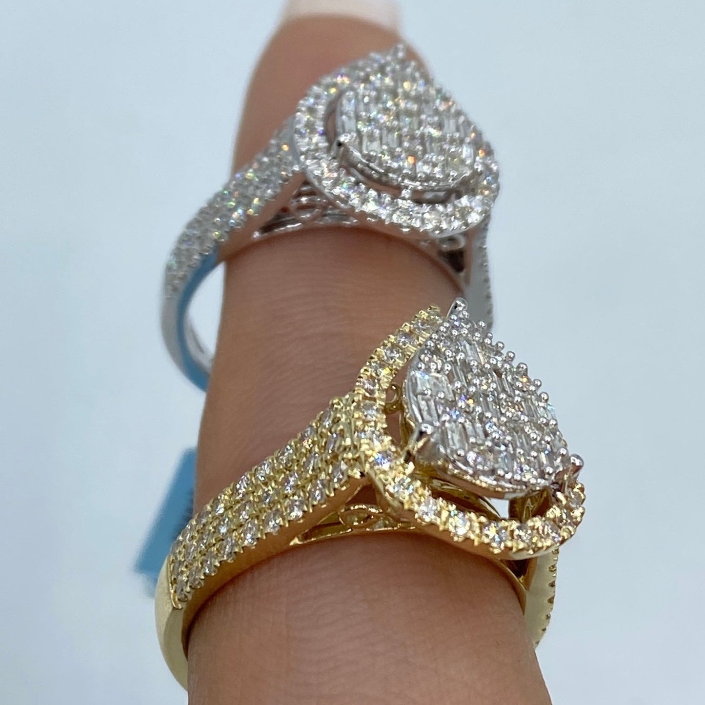 14K Pear Halo Diamond Baguette Ring