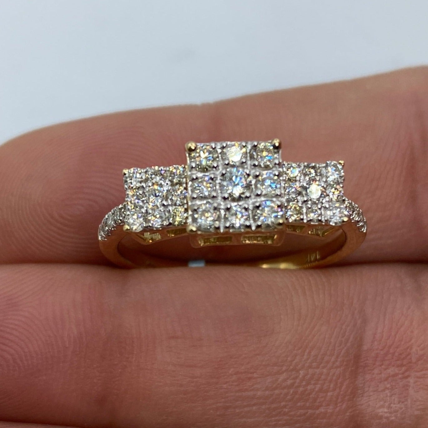 14K Tri-stone Square Cluster Diamond Engagement Ring