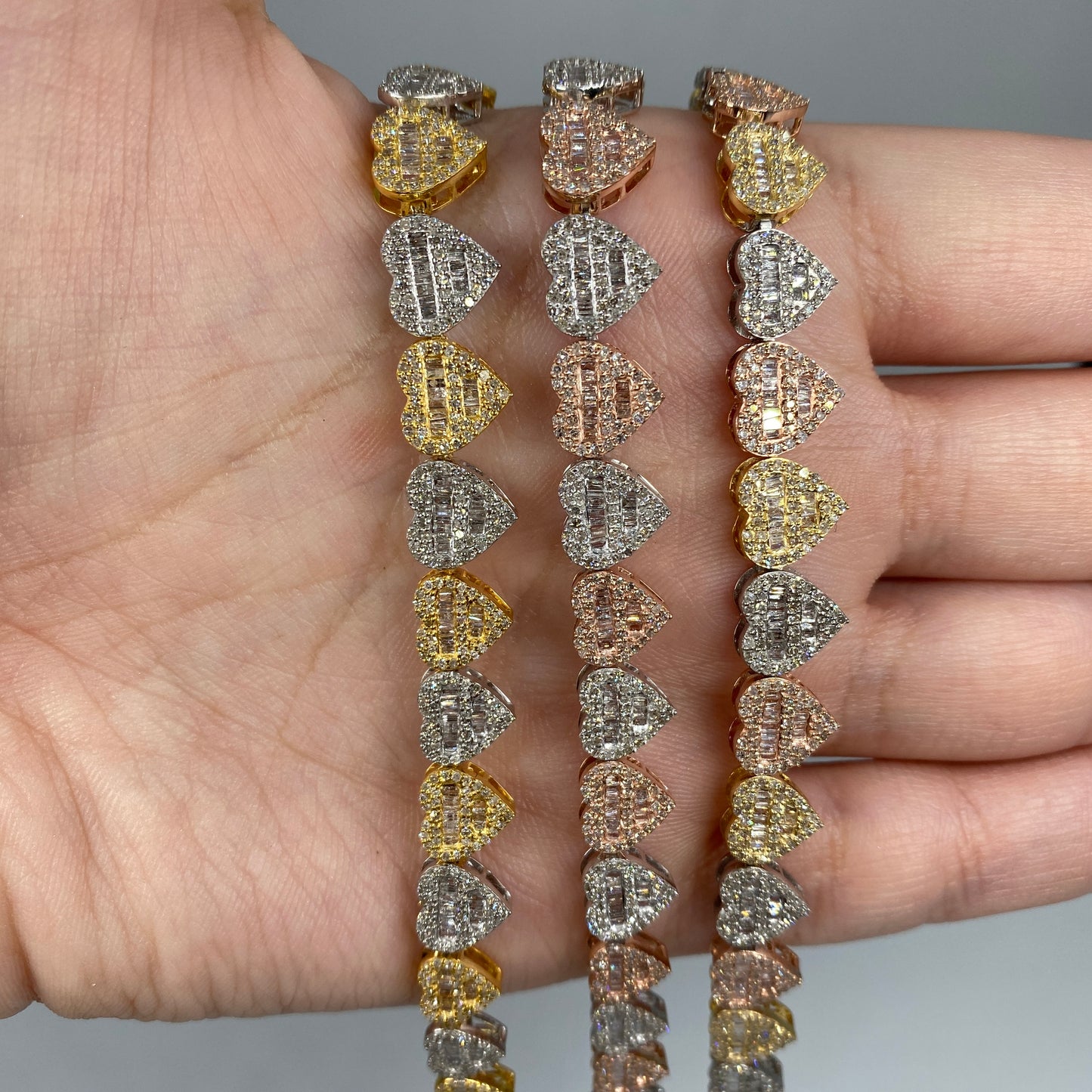 10K 9MM Multi-Color Hearts Link Diamond Baguette Bracelet 6.5-7.5