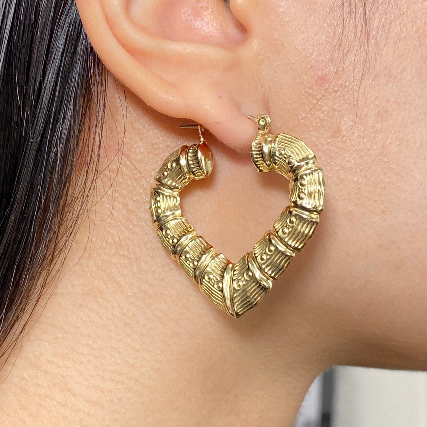 10K Perfect Bamboo Heart Hoop Earrings