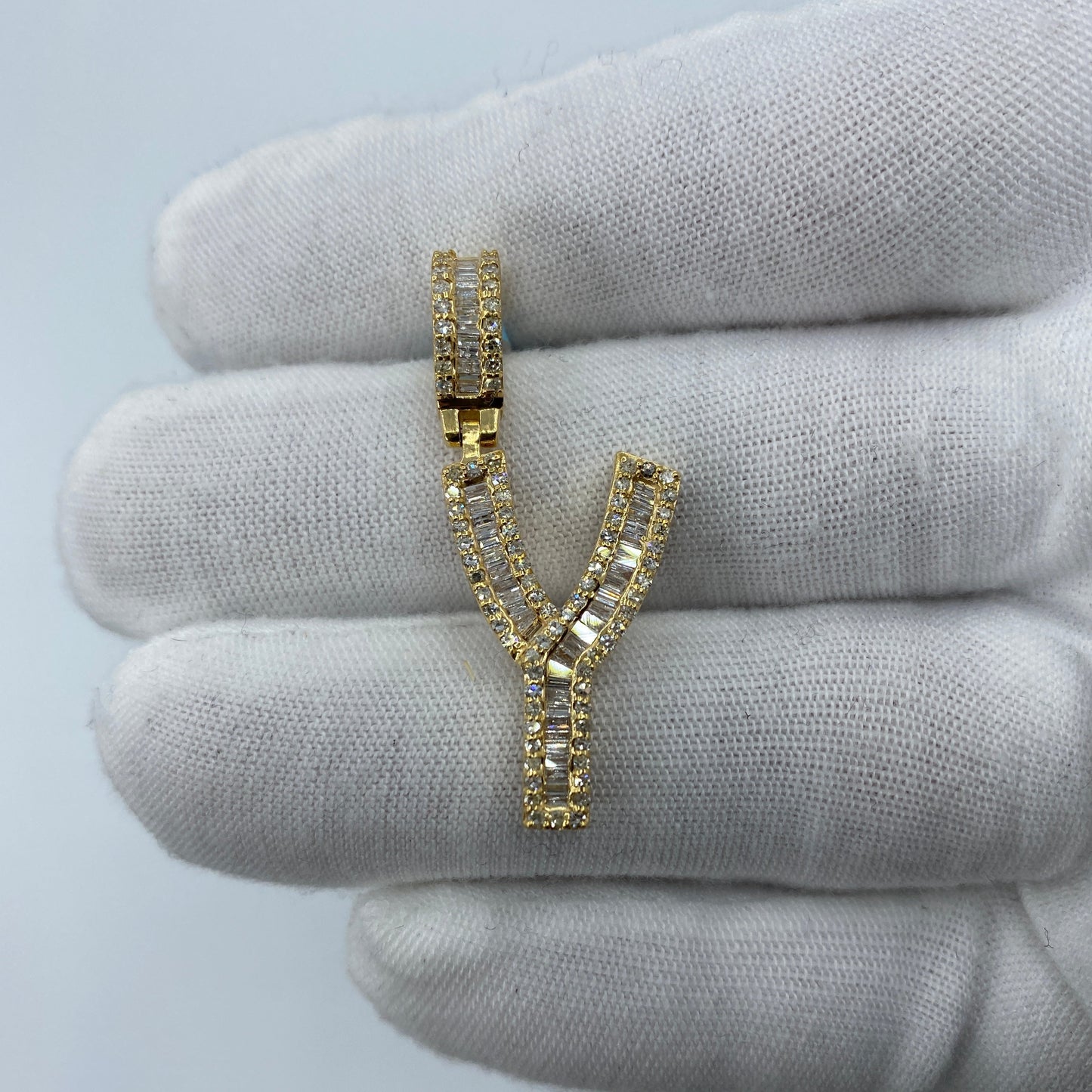 14K Initial Y Diamond Baguette Pendant