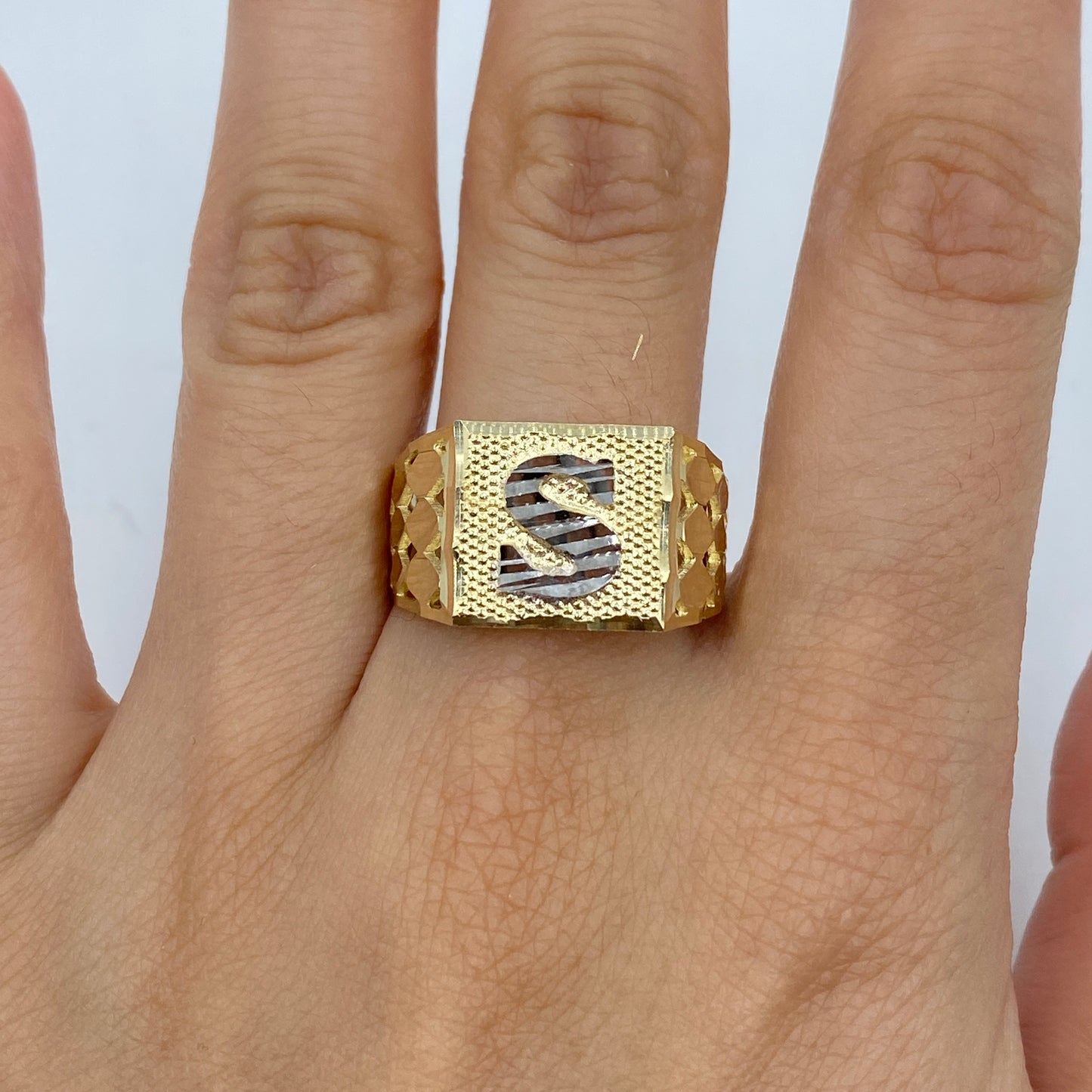 10K Initial Letter Square Block Ring