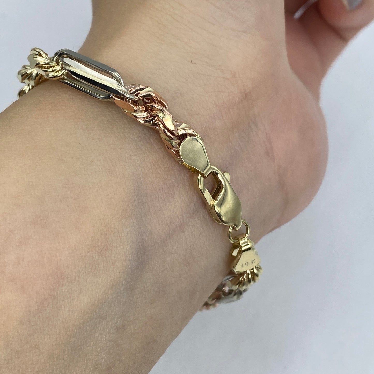 14K 5.5MM Tri-Color Figaro Rope Link Bracelet 8"