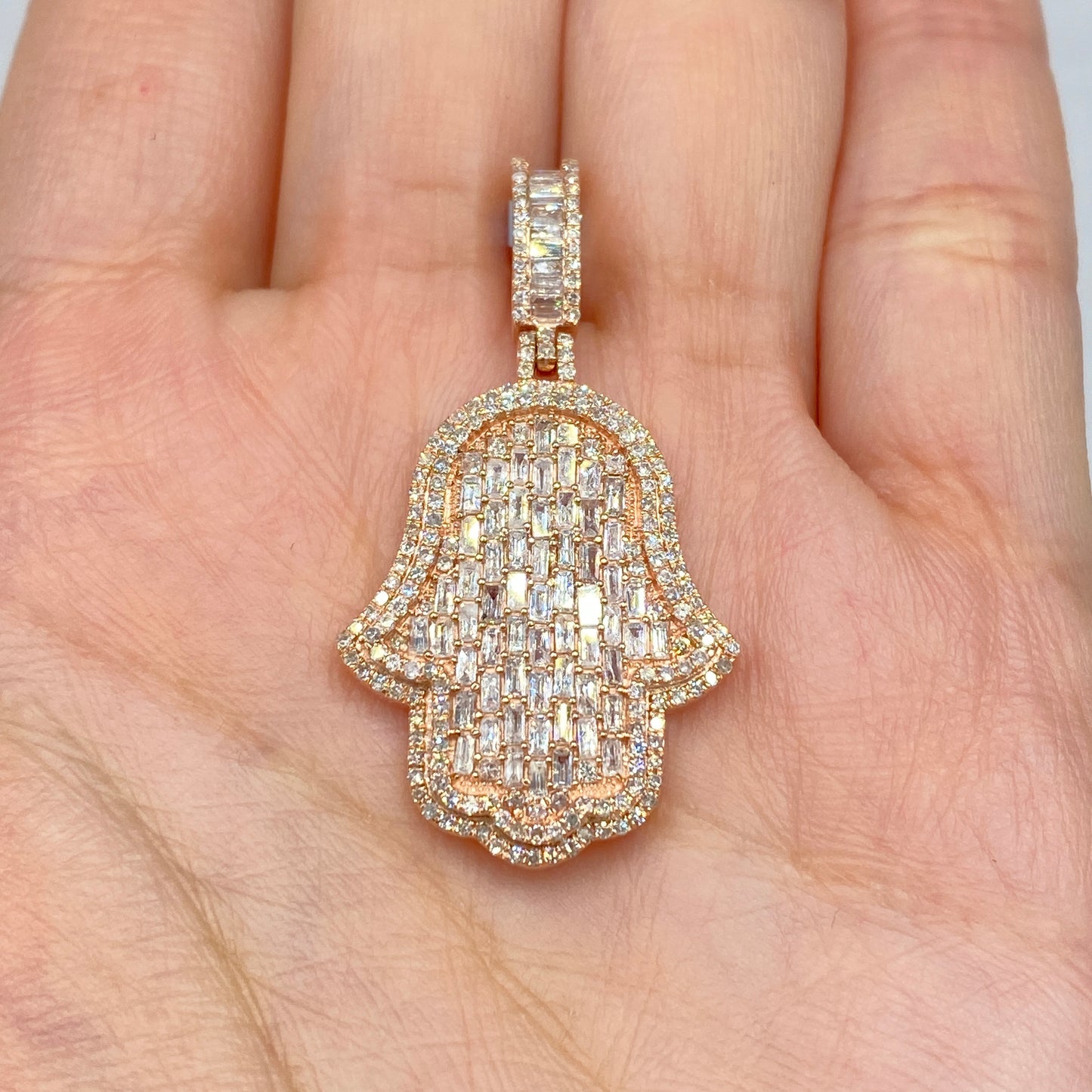 14K Hamsa Emerald Cut Diamond Pendant
