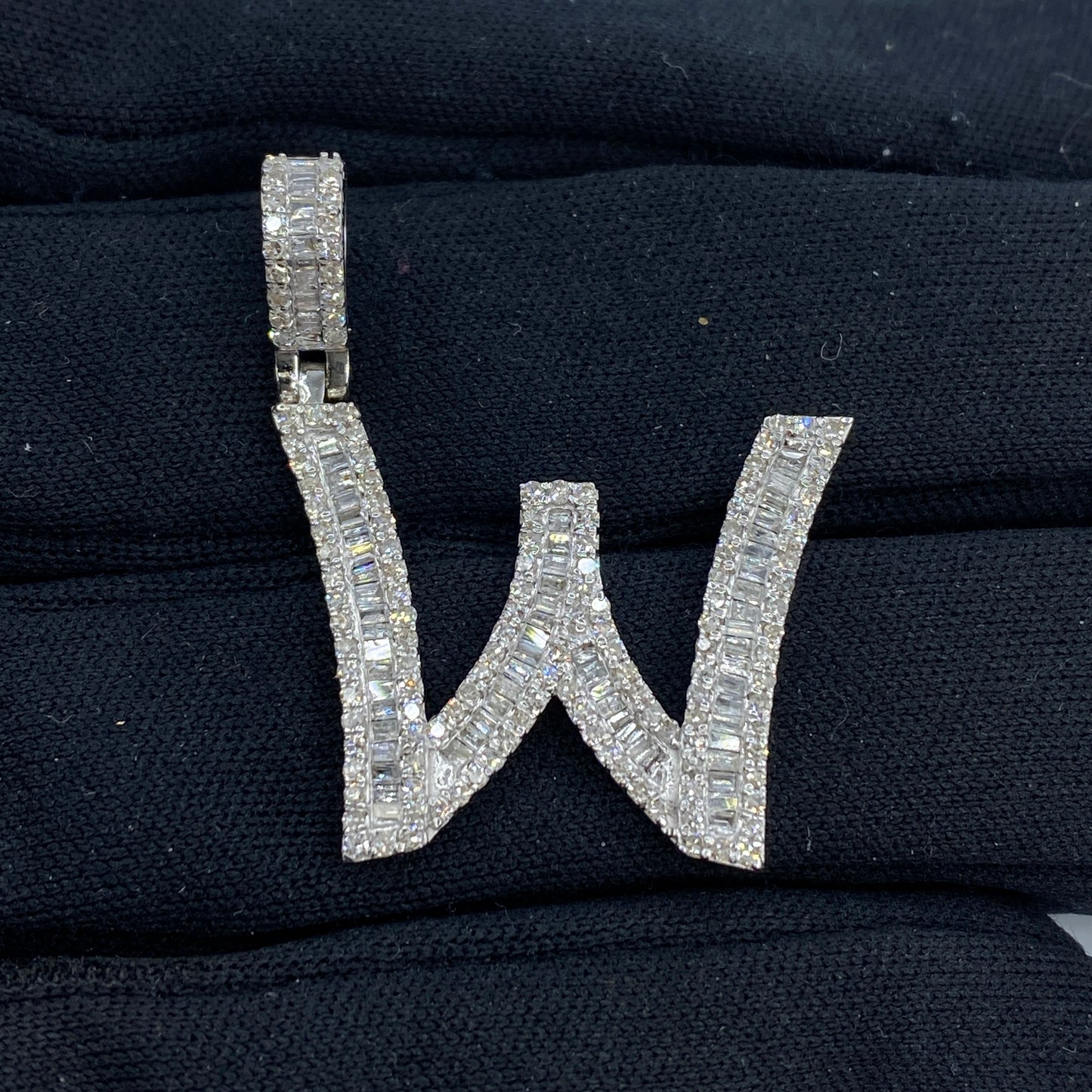 14K Initial W Diamond Baguette Pendant