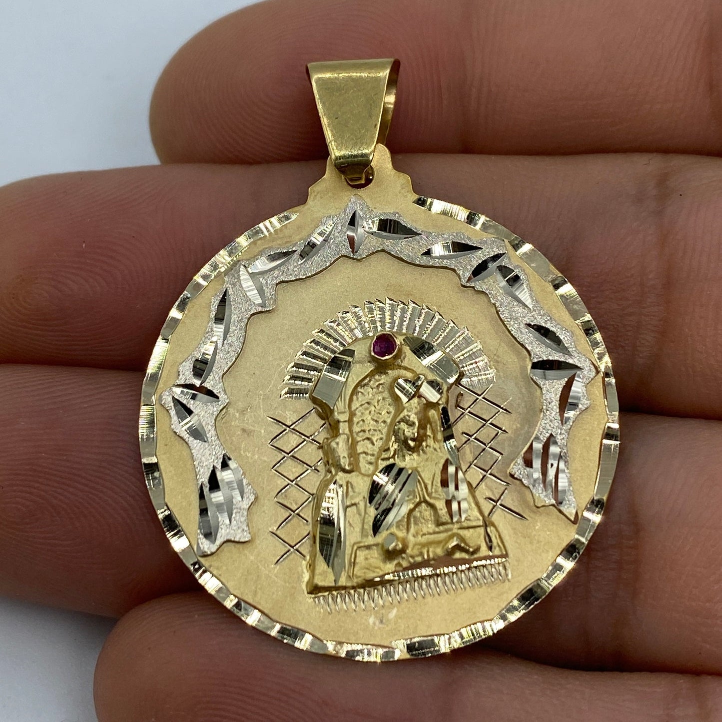 14K Saint Caridad del Cobre Round Medallion Pendant 1.75"