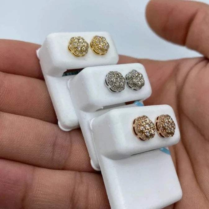 14K Small 3D Flower Diamond Earrings