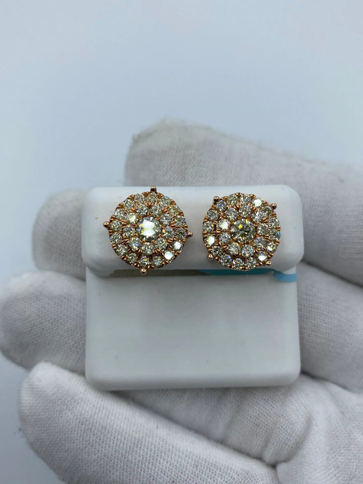 14K Thick Circle Double Layer Cake Diamond Earrings 2.2 CT