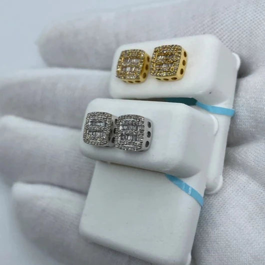 14K Square Double-Row Diamond Baguette Earrings