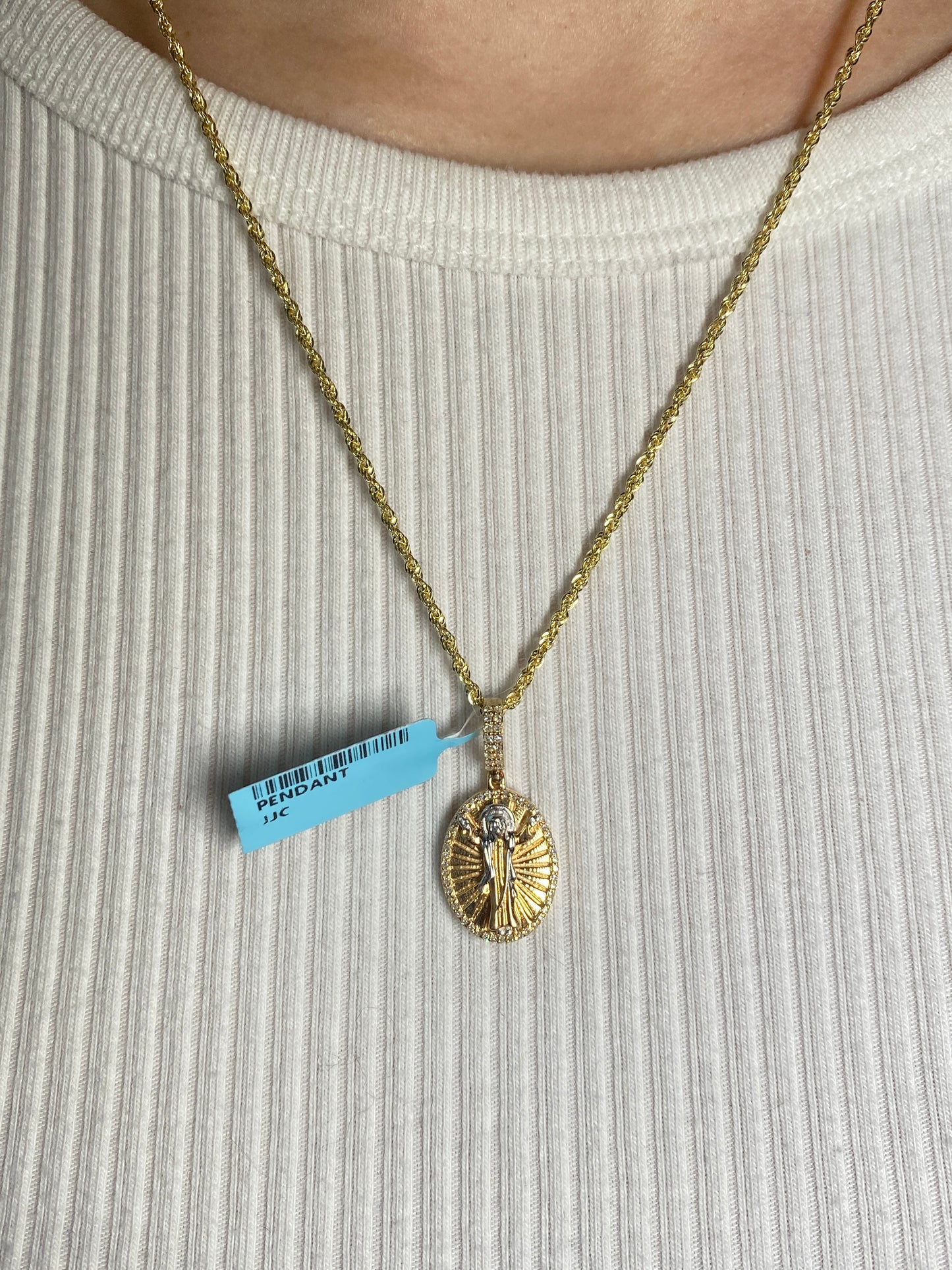 14K Jesus Save Us Medal Diamond Pendant