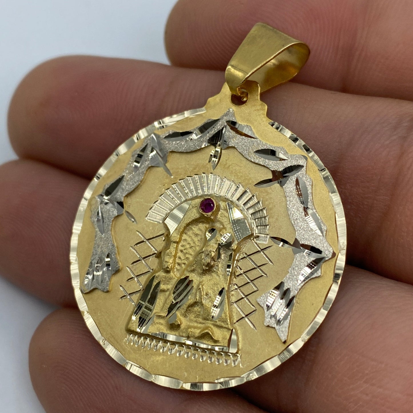 14K Saint Caridad del Cobre Round Medallion Pendant 1.75"