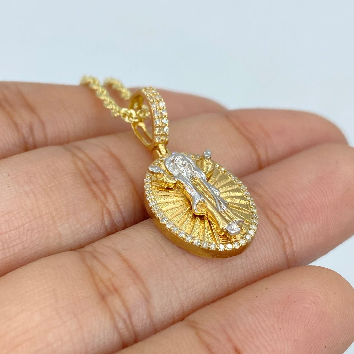 14K Jesus Save Us Medal Diamond Pendant