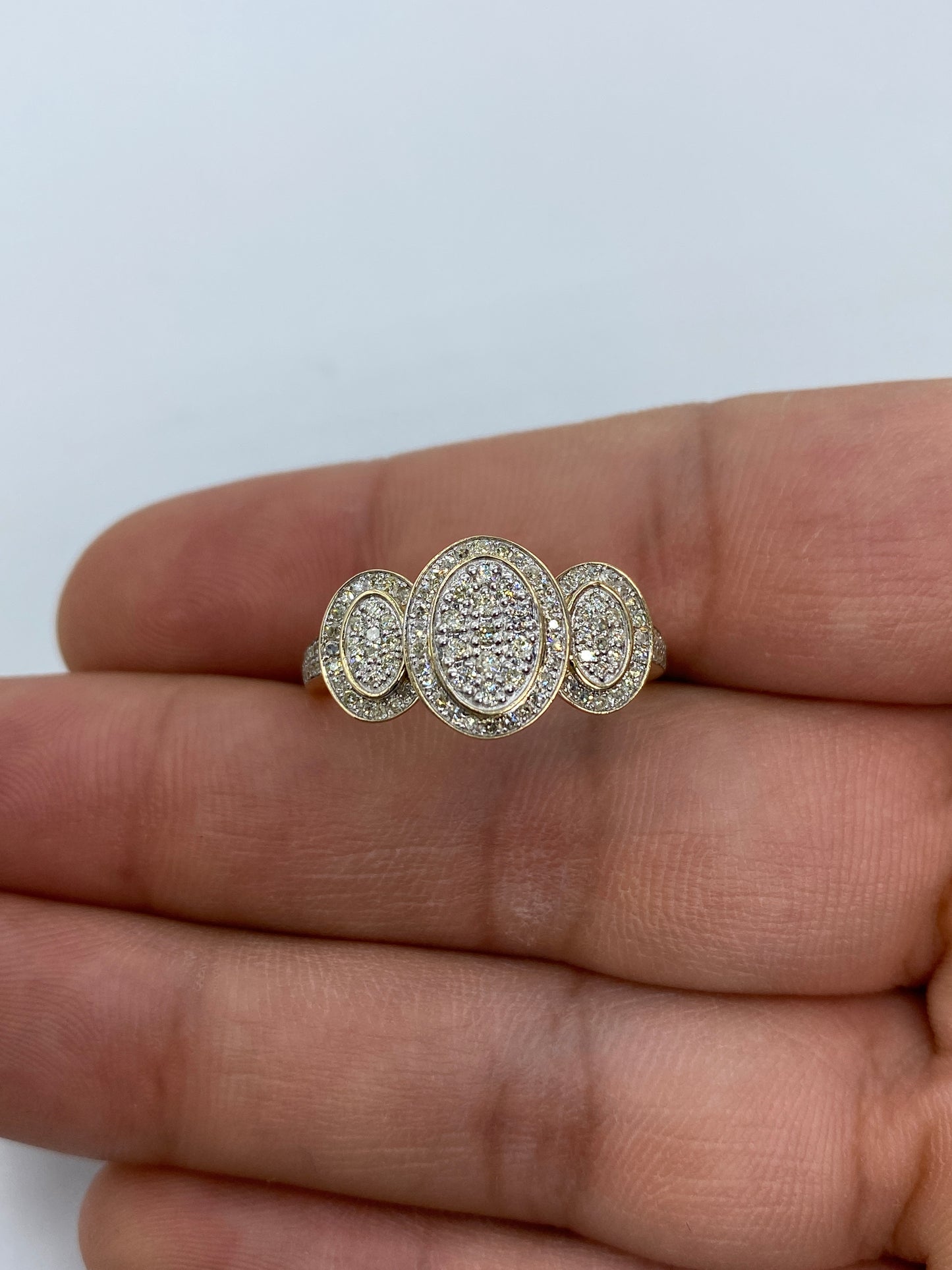 14K Tri-stone Oval Shape Diamond Engagement Ring