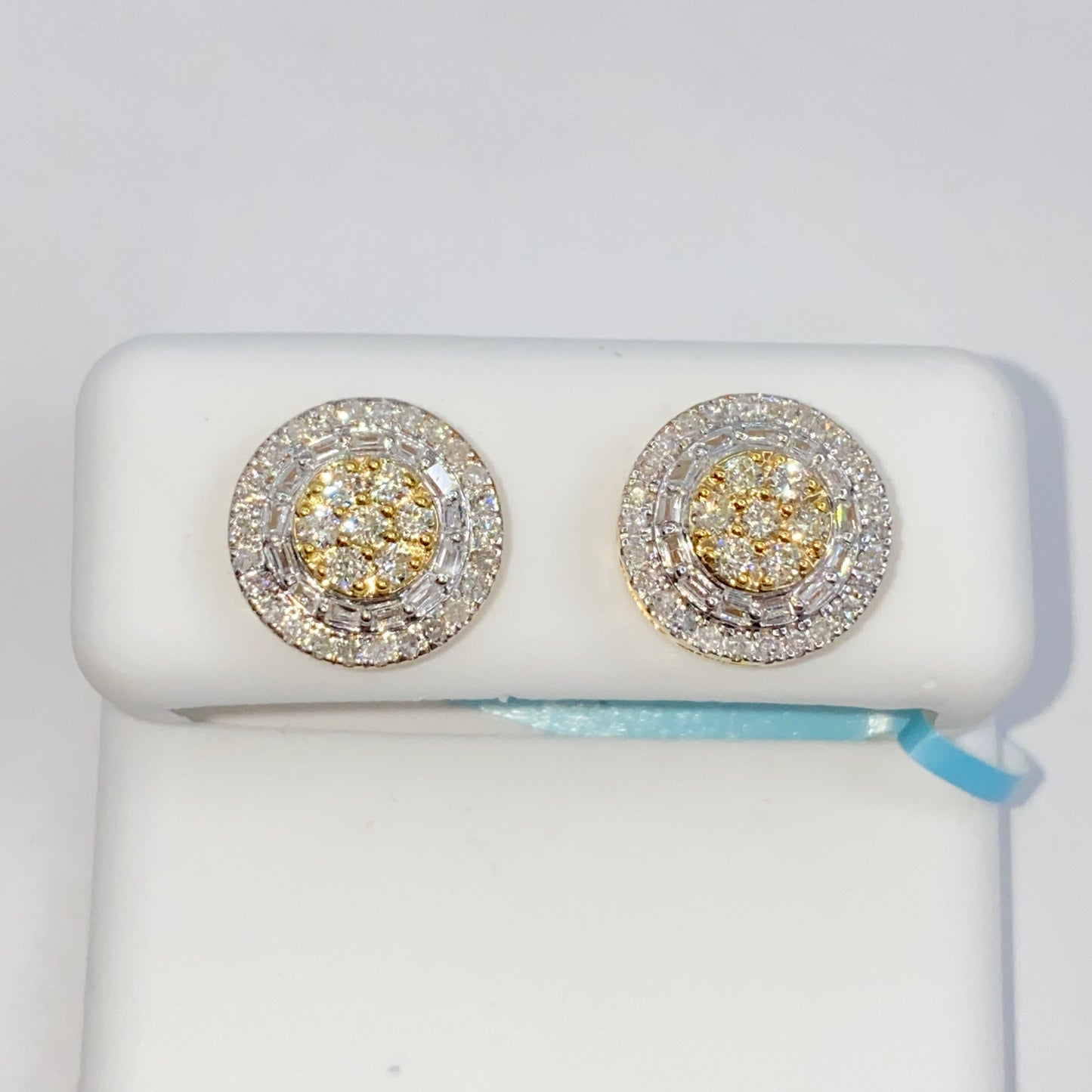 14K Jumbo Circle Flower Halo Diamond Baguette Earrings