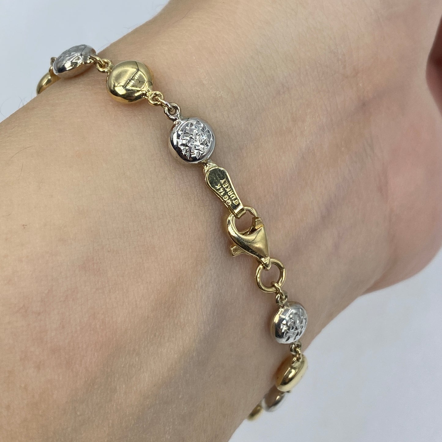 14K 5.5MM Two-Tone Flat Ball Link Bracelet 7"