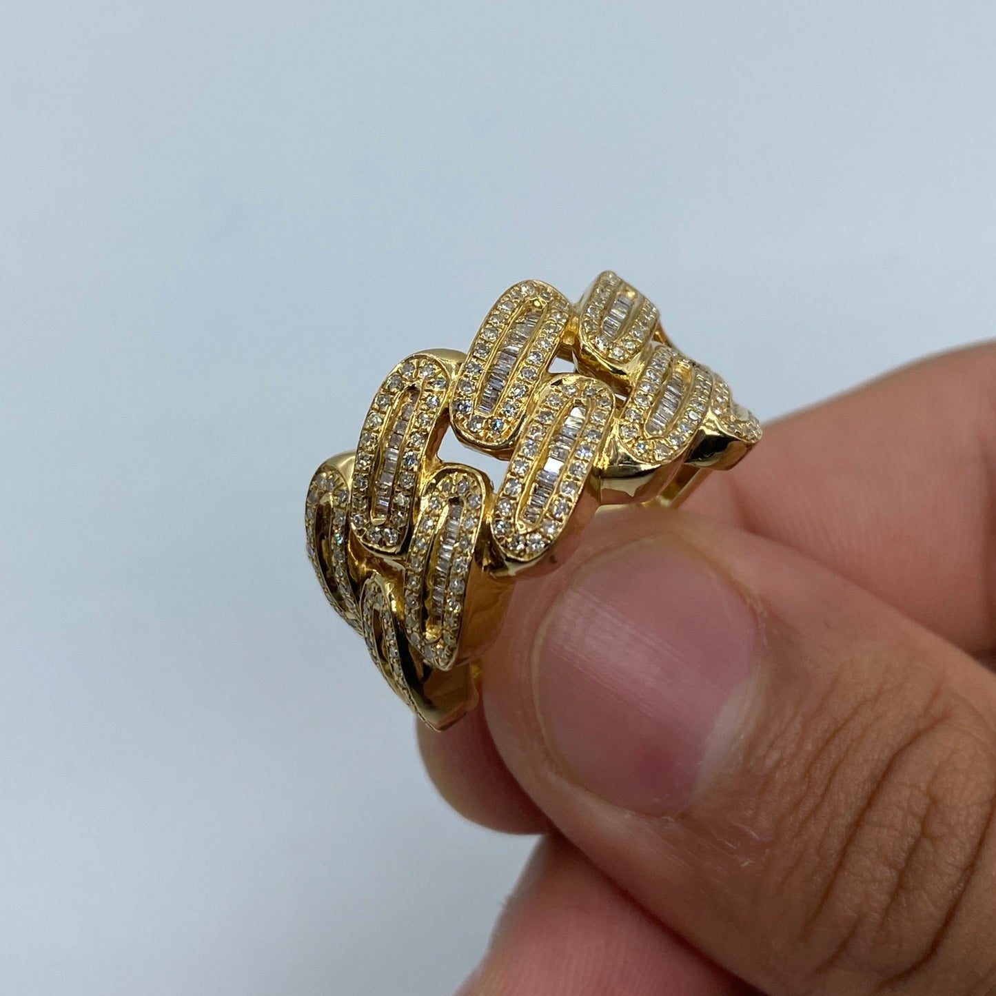14K Round Diamond Baguette Cuban Link Ring 1.6ct